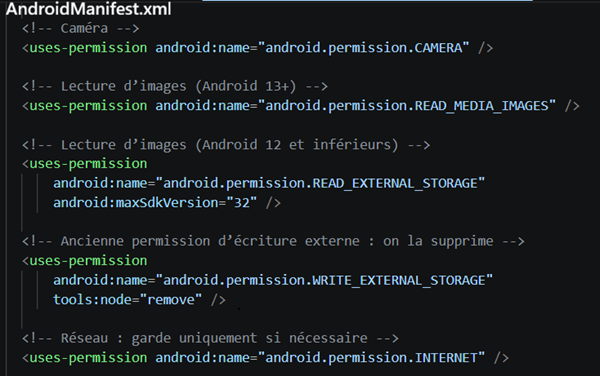 Autorisations Android dans AndroidManifest.xml